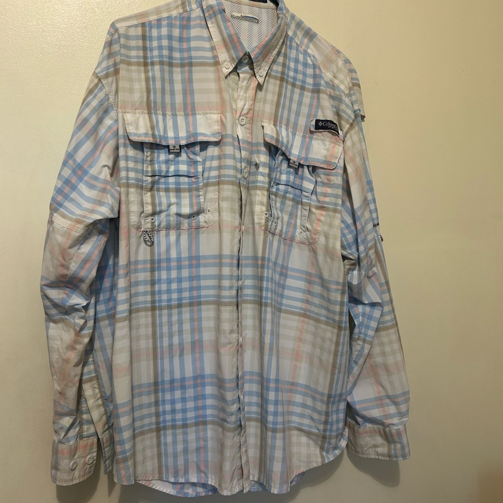 Columbia Super Bahama PFG Fishing Shirt  Large Vented Blue Plaid Pockets Cotton